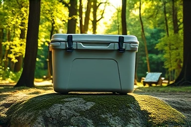Modern ice chest in a sunlit forest setting