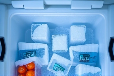 Inside of an ice chest with frozen ice packs and chilled items