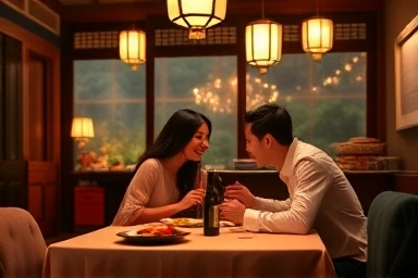 Couple enjoying a romantic meal in a traditional hanok restaurant.