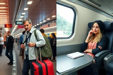 Contrast between stressful and comfortable airport train travel.