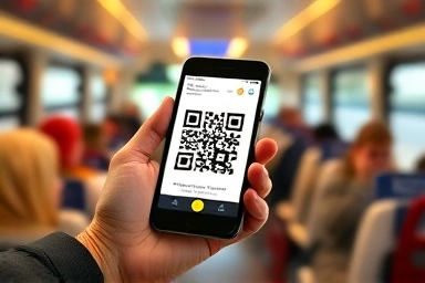 Traveler using mobile QR code for airport bus boarding