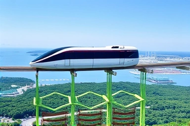 Futuristic maglev train traveling through scenic Yeongjongdo Island near Incheon Airport.
