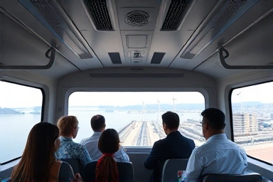 Passengers enjoying scenic views from inside a free maglev train.