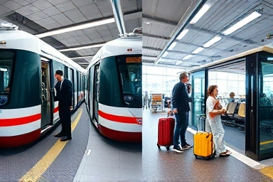 Traveler boarding airport train and family exiting shuttle bus