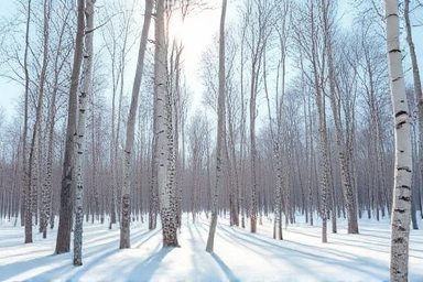 Snowy winter birch forest in Inje, South Korea
