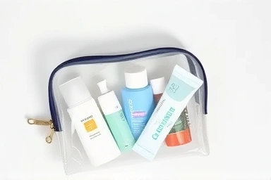Neatly packed travel-sized toiletries in a clear zipper bag.