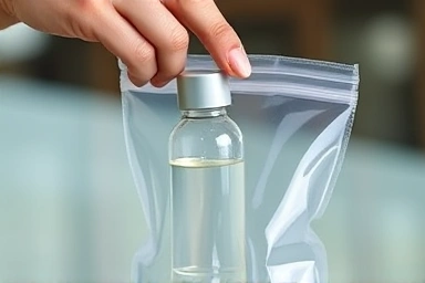 Hand placing 100ml liquid bottle into a transparent travel bag.