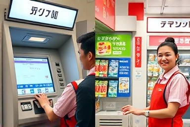 Japan convenience store ATM and staff helping with Suica card