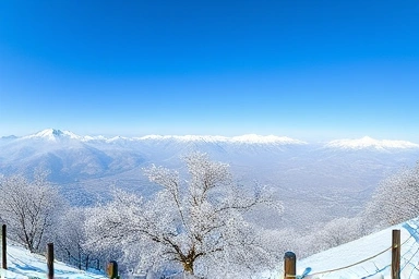 Snow-covered Jeju 1100 peak with frost flowers under blue sky.