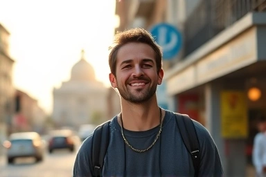 Refreshed traveler enjoying foreign city day, symbolizing successful jet lag adaptation.