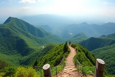 Panoramic view of Jirisan mountains with a hiking trail.
