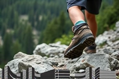Hiker's boots on a mountain trail, symbolizing effort and reward.