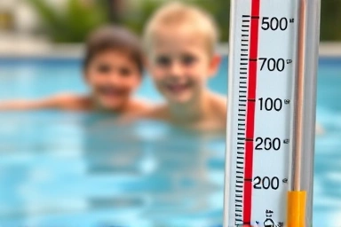 Thermometer showing warm water temperature in a pool.