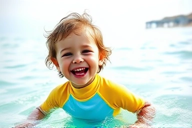 Child playing in water with rash guard, happy and safe