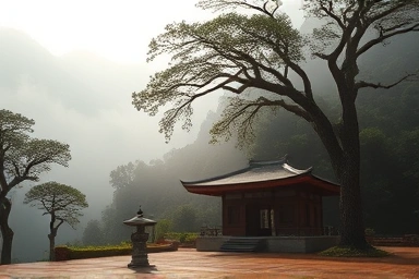 Serene Korean temple in misty mountains at dawn.