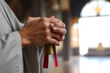 Hands folding prayer cloth in peaceful temple hall.