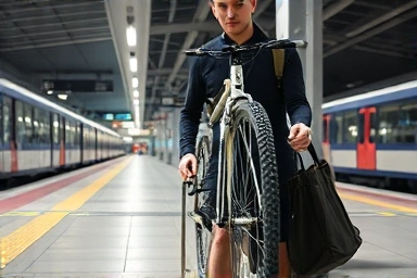 Cyclist preparing bicycle for KTX train transport.