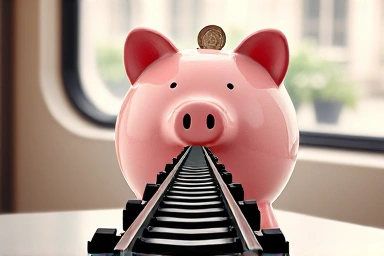 Piggy bank with train tracks symbolizing travel savings