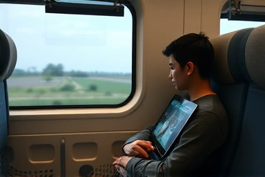 Person watching movie on tablet in KTX train