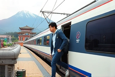 Traveler boarding KTX train with scenic Korean destinations montage.