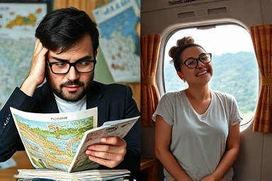 Stressed traveler vs. relaxed traveler enjoying KTX journey.