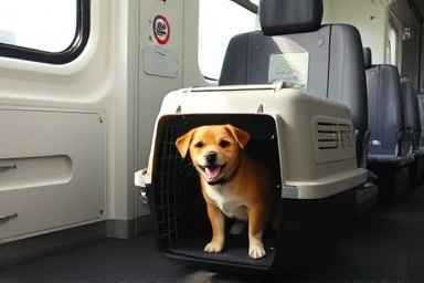 Dog in carrier under train seat, happy pet travel.