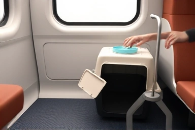 Train seat space for pet carrier, travel preparation.