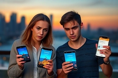 Stressed couple using hotel booking apps for last-minute stay