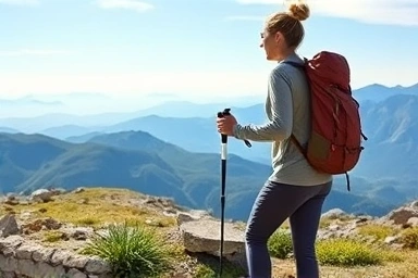 Hiker using lightweight folding trekking poles on mountain trail