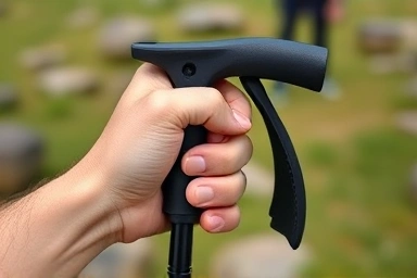 Close-up of lightweight folding trekking pole grip and folded design