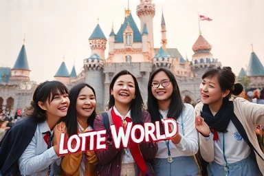 Friends in Lotte World uniforms creating happy memories