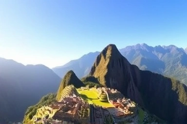 Panoramic view of Machu Picchu citadel in Peru mountains