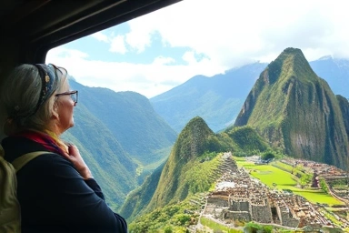Traveler views Andean landscape from train window to Machu Picchu