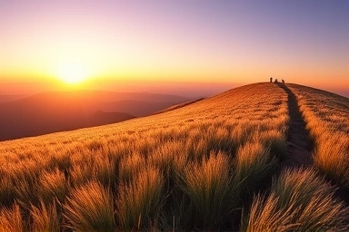 Vast silver grass field mountain peak golden hour sunset