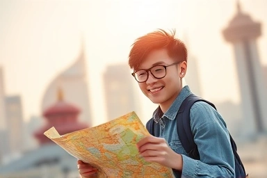 Traveler planning a national journey with a map.