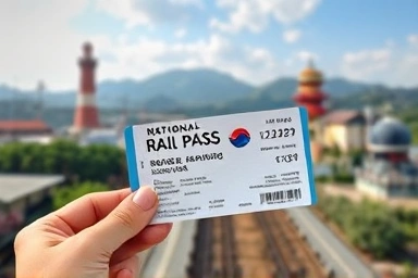Hand holding a train ticket with scenic landscapes.