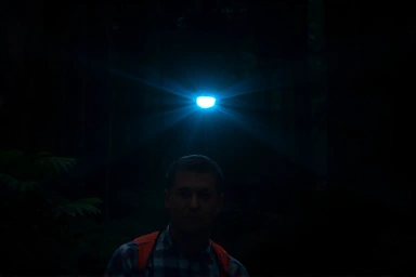 Hiker in dark forest illuminated by headlamp beam.