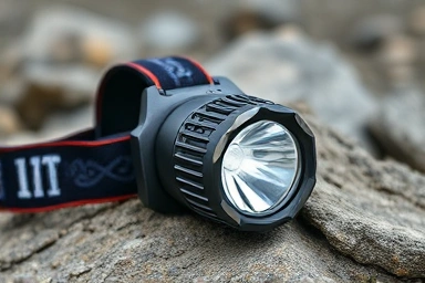 Close-up of a modern, functional hiking headlamp.
