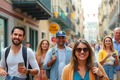 Travelers enjoying a tip-free vacation in a beautiful city.