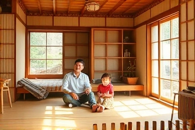 Cozy ondol room with family enjoying warm floor heating
