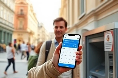 Traveler planning finances near ATM in foreign city