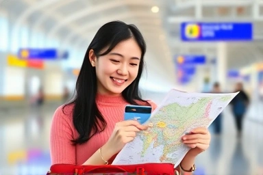 Woman planning travel with fee-free card at airport