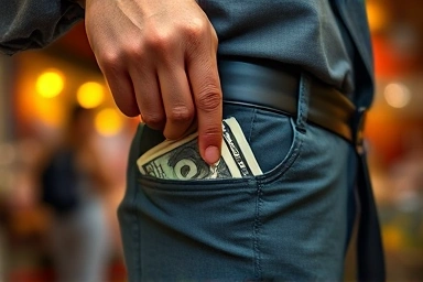 Traveler discreetly hiding cash in multiple pockets for safety.