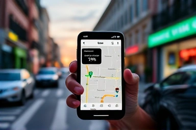 Traveler using Uber app in foreign city with discount offers