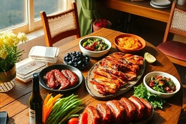 Delicious pension BBQ spread with grilled meats and fresh vegetables.