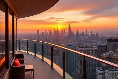 Luxury penthouse suite balcony with city view at sunset.