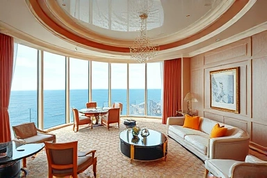 Elegant interior of a penthouse suite with ocean view.