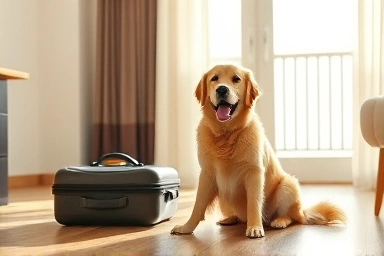 Happy dog with luggage in a hotel room.