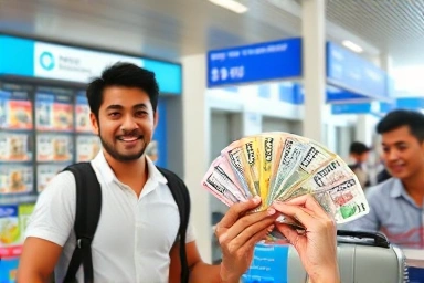Traveler exchanging Philippine pesos with a smile