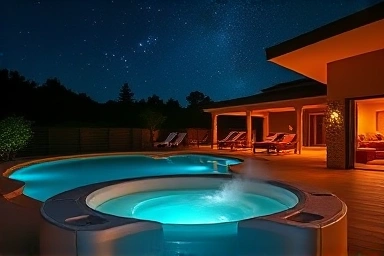 Luxurious private pool villa at night, evoking relaxation and exclusivity.